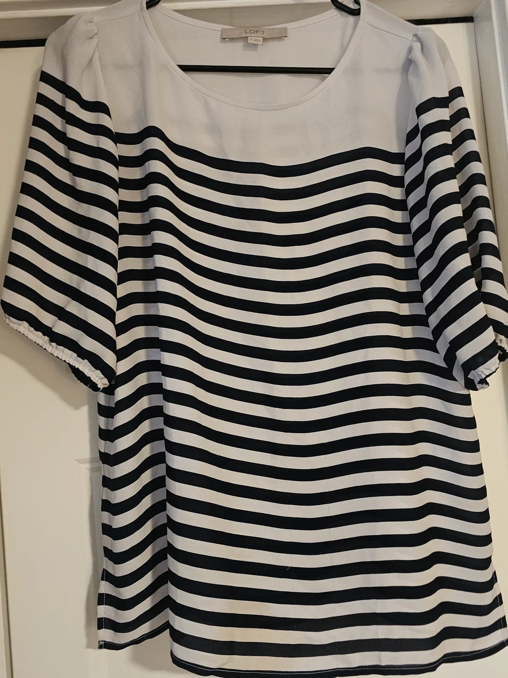 LOFT Black and White Striped Puff-Sleeve Blouse